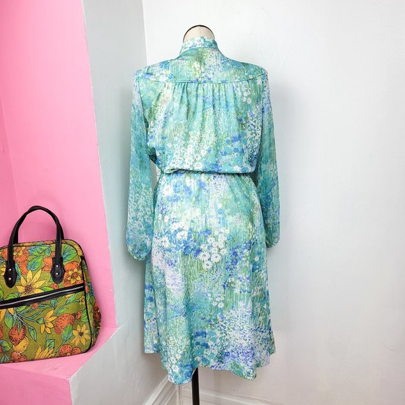 Vintage 70s Blue / Green Watercolor Floral Print Sheer Sleeve Dress - Picture 3 of 12